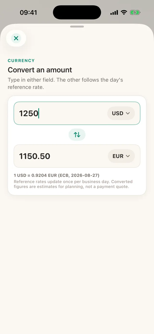 The currency converter showing 1,250 dollars alongside the equivalent in euros