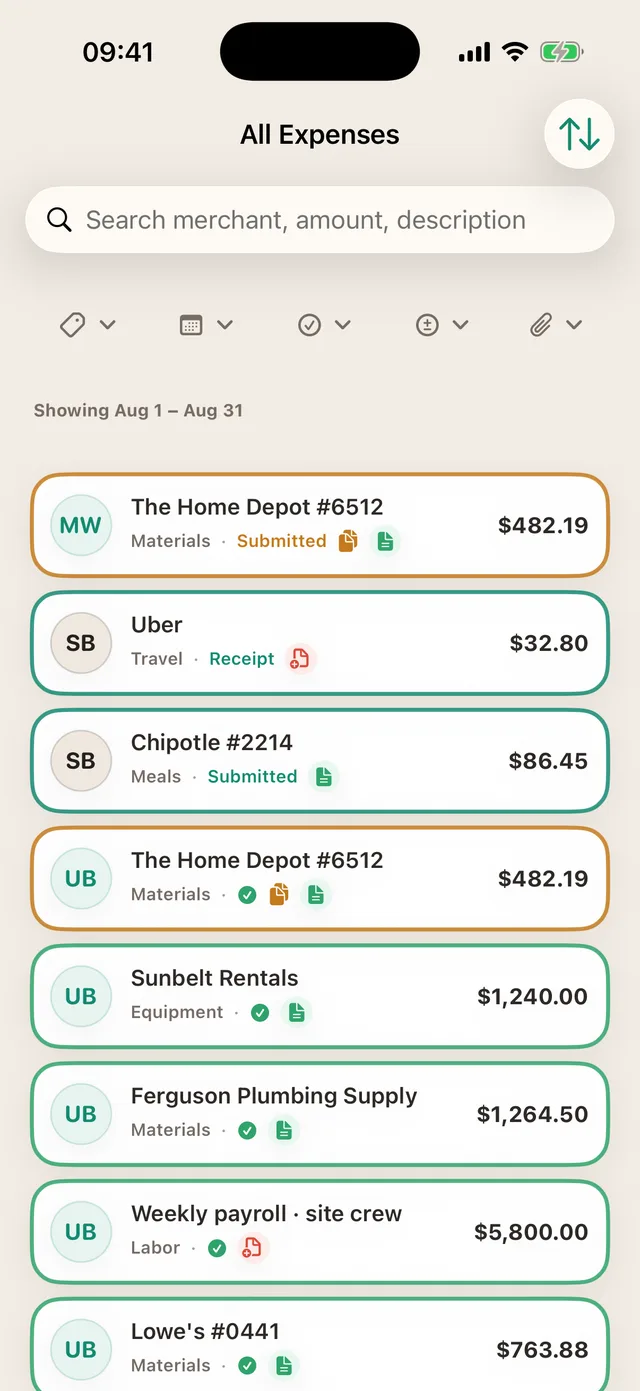 A project expense list showing merchant, category, amount and receipt status for each entry