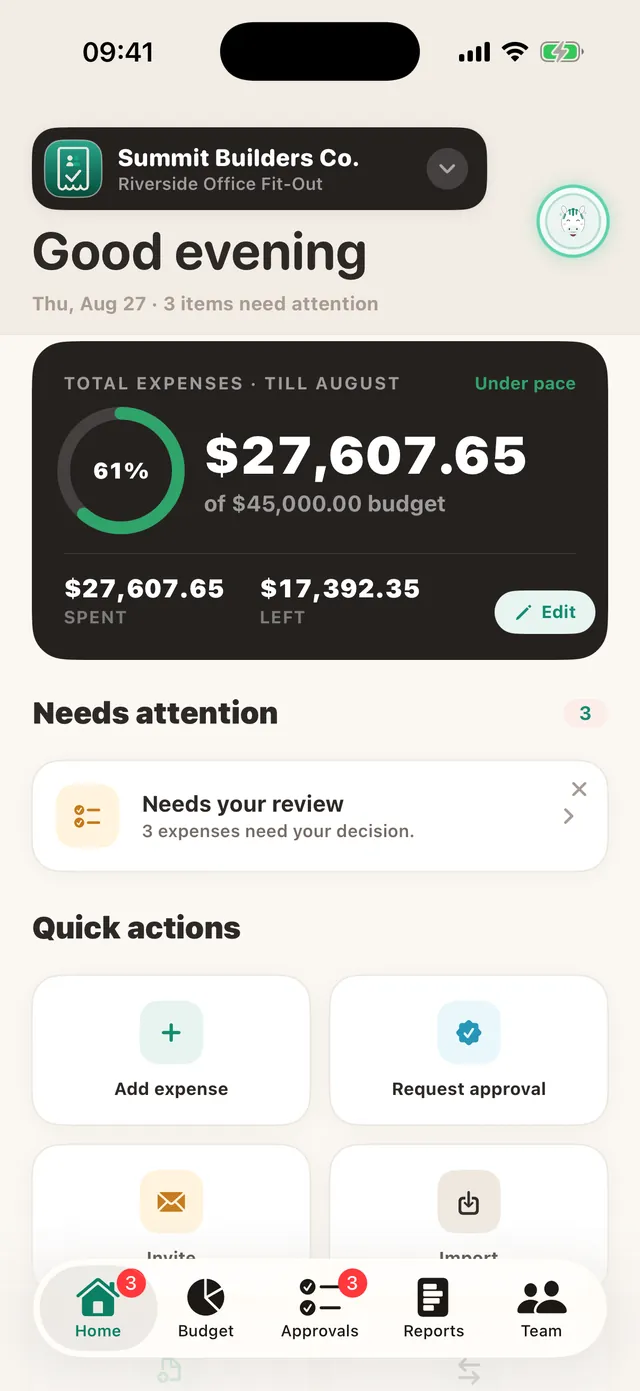 The refreshed TaskSpend dashboard with budget pace and quick actions