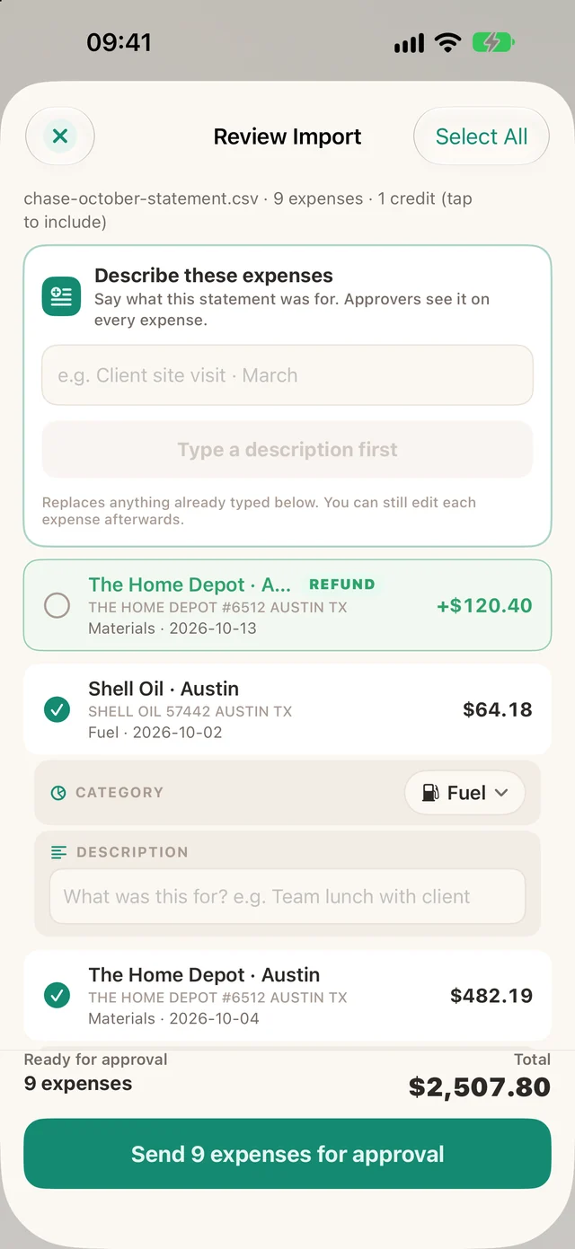 Reviewing a card statement import row by row