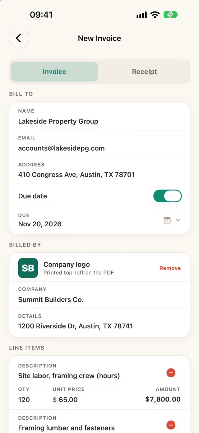 The New Invoice screen with bill-to details, company logo and line items