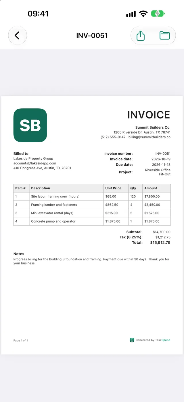 An invoice PDF with line items for labor, lumber, excavator rental and concrete