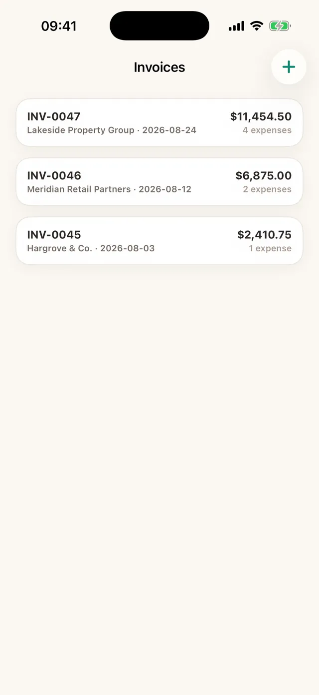 The Invoices screen listing client invoices built from approved expenses