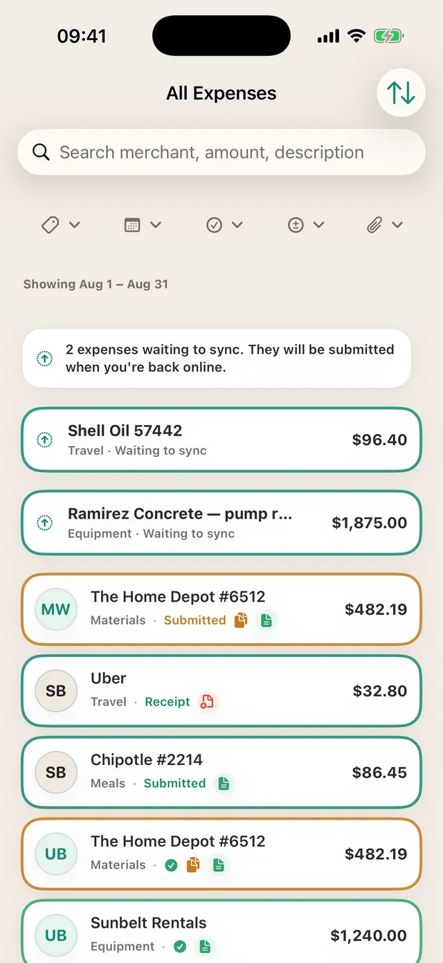 The expense list showing expenses waiting to sync while offline