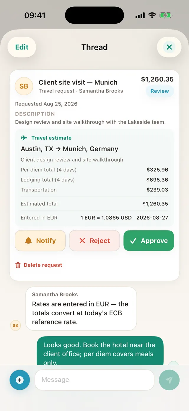 A travel request conversation showing a per-diem breakdown converted from euros to dollars