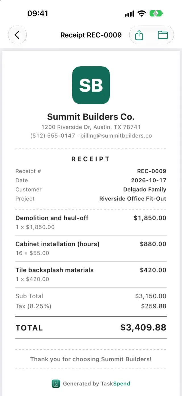 A receipt PDF for demolition, cabinet installation and tile materials