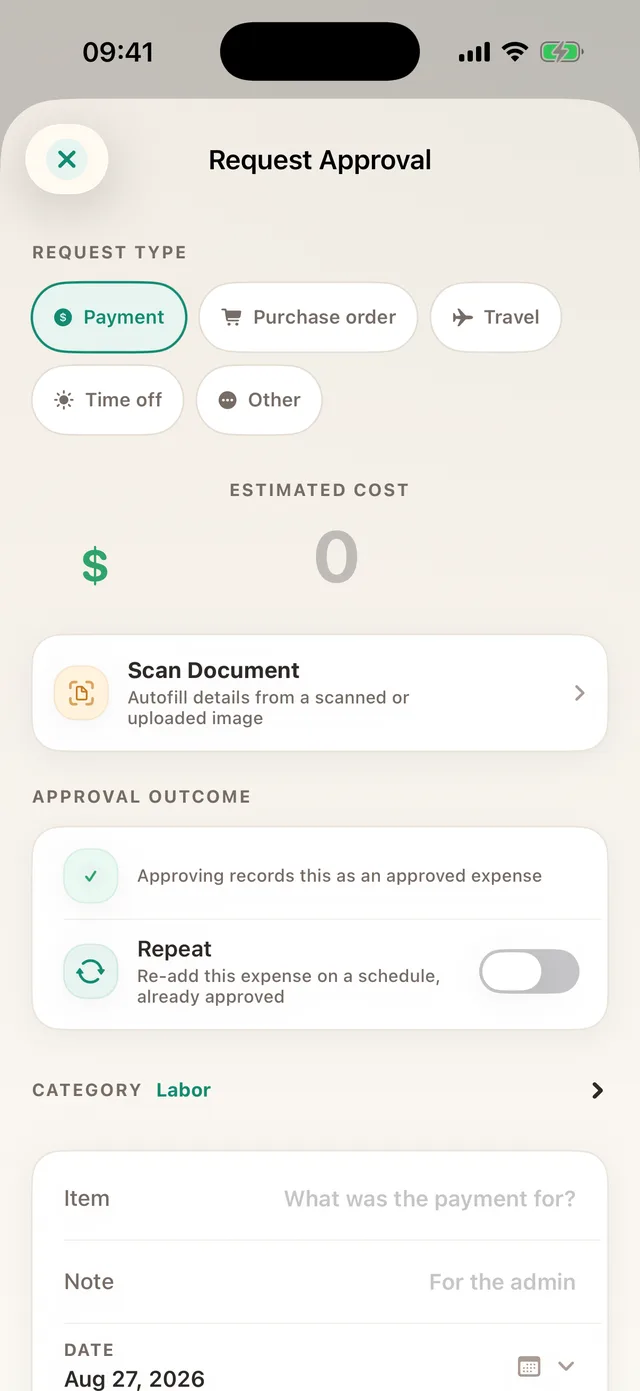 A pre-approval request with amount, category, project and a note