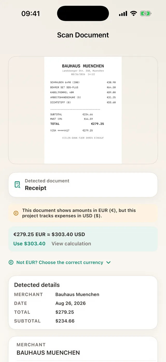 A euro receipt with a note that the document is in euros while the project tracks dollars, offering the converted total