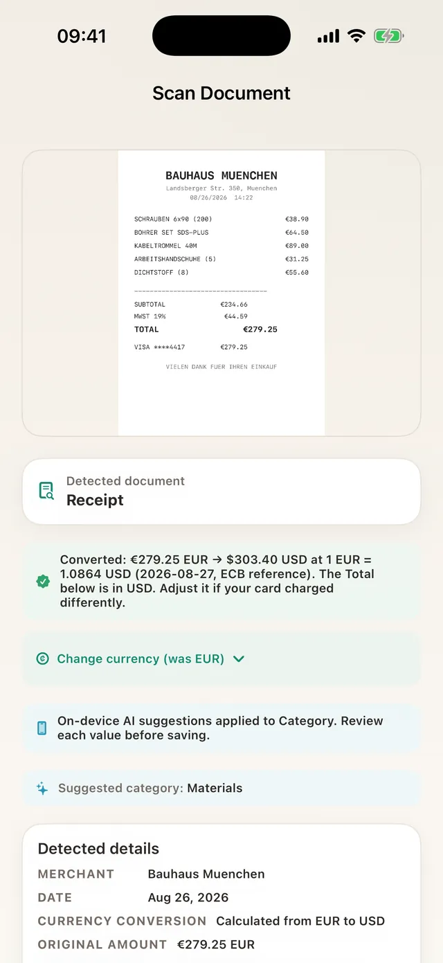 The same receipt converted, showing 279.25 euros as 303.40 dollars at that day's European Central Bank reference rate