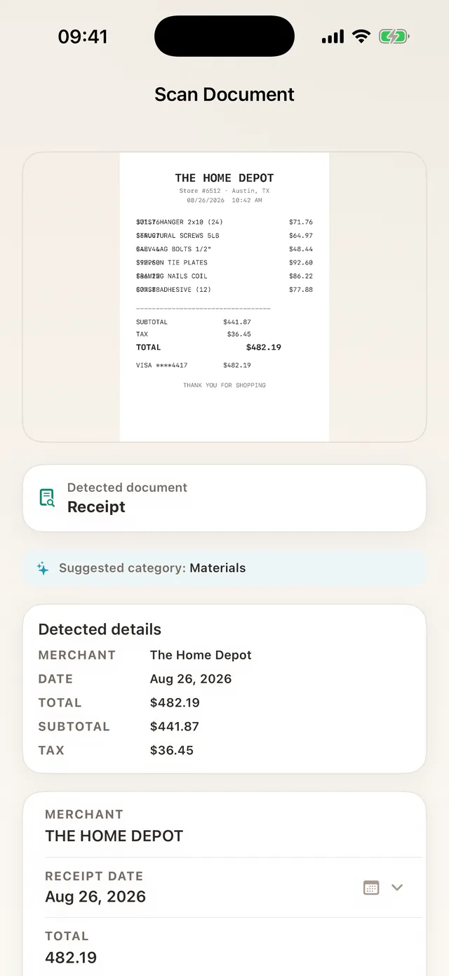 The scanner reading a hardware-store receipt, with merchant, date, total and tax filled in