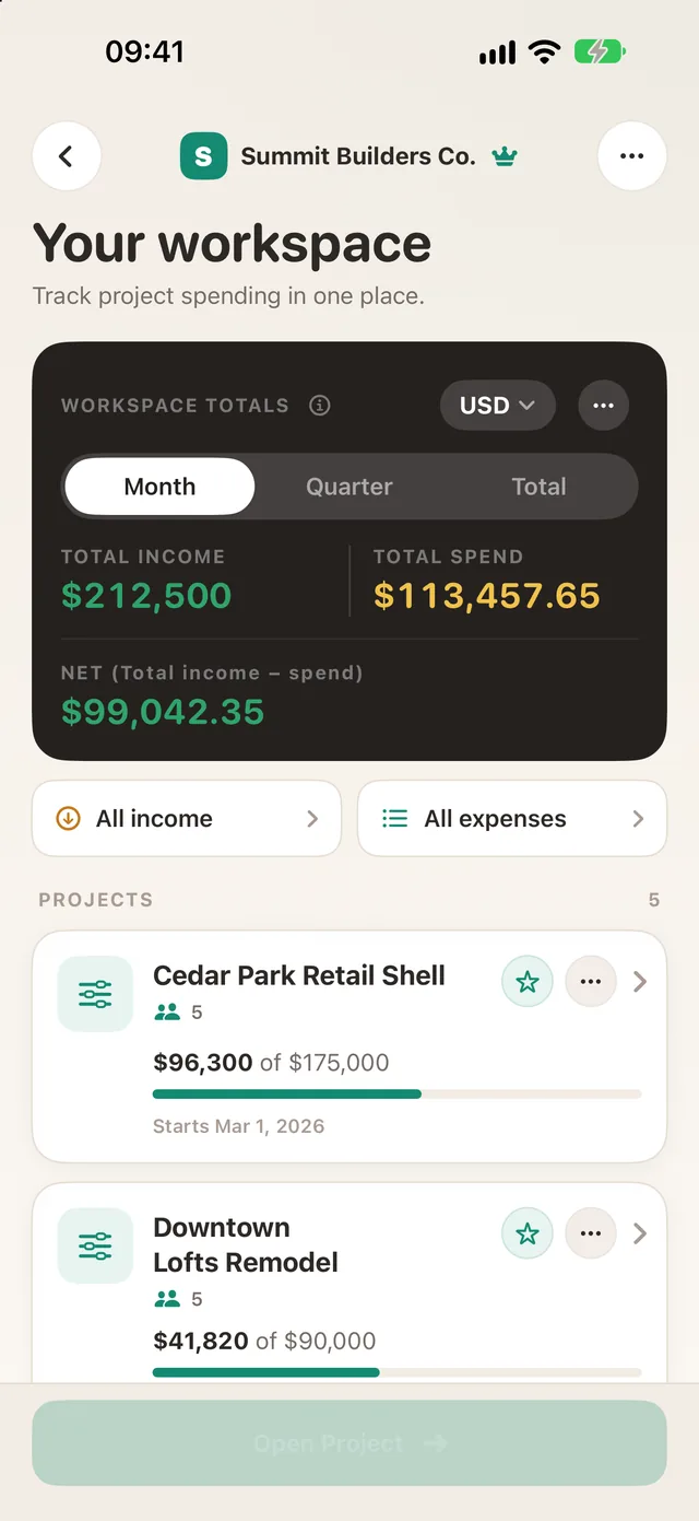 TaskSpend Workspace screen