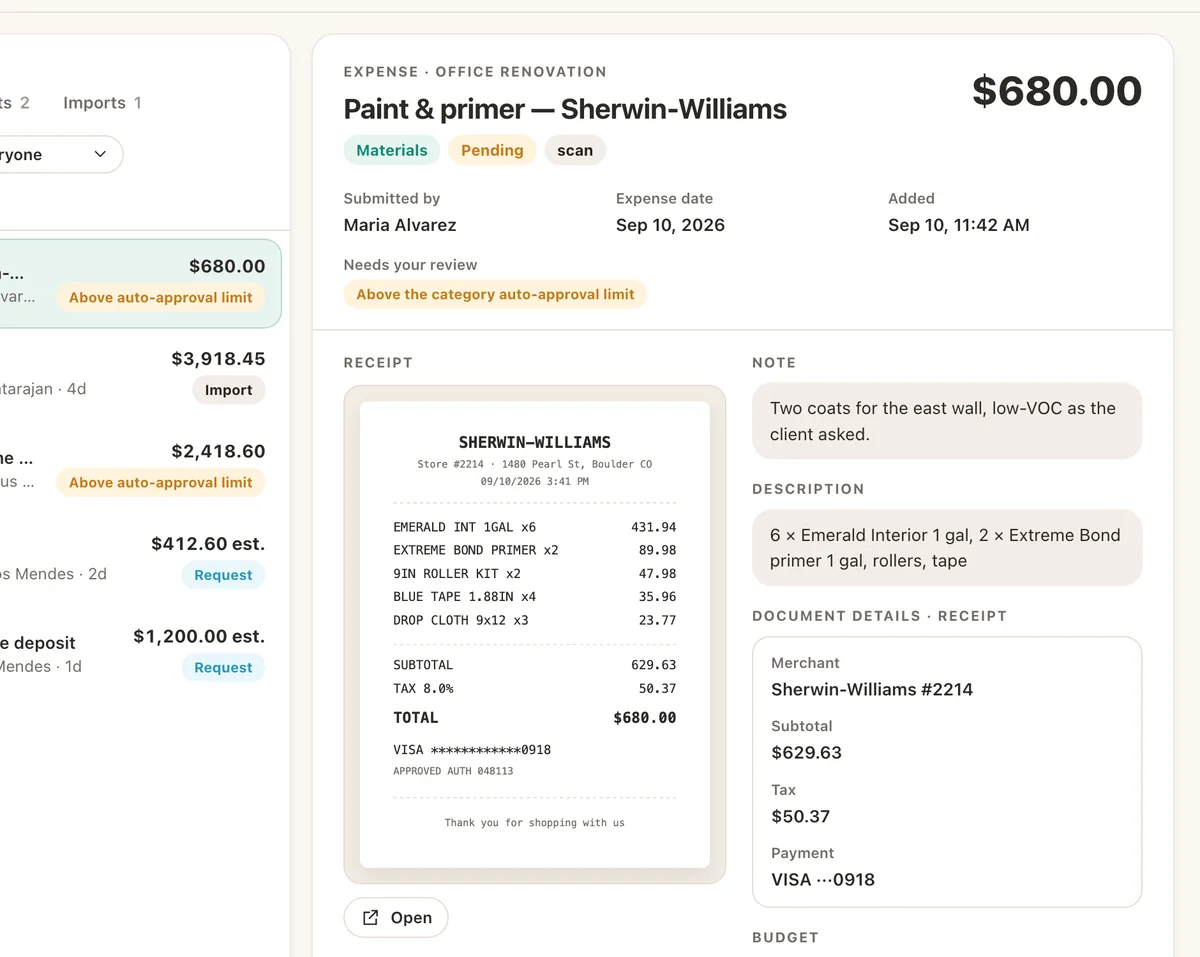 The detail pane of an expense on the web: the receipt image, the document fields read from it, and the Materials budget bar