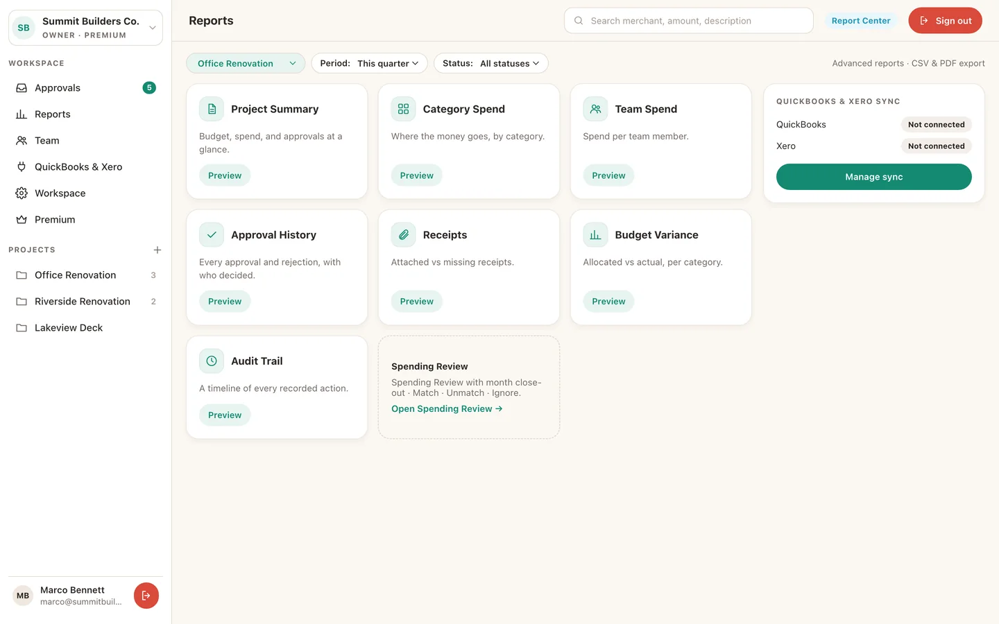 The Report Center on the web: seven report cards, a project picker, period and status filters, and the QuickBooks and Xero sync panel