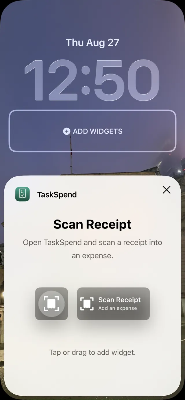 The iOS widget picker showing TaskSpend's Scan Receipt control ready to add