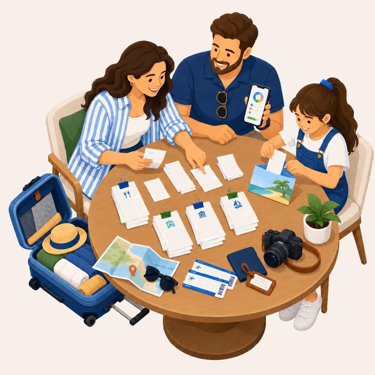 An illustration of a family at a table sorting receipts and travel documents