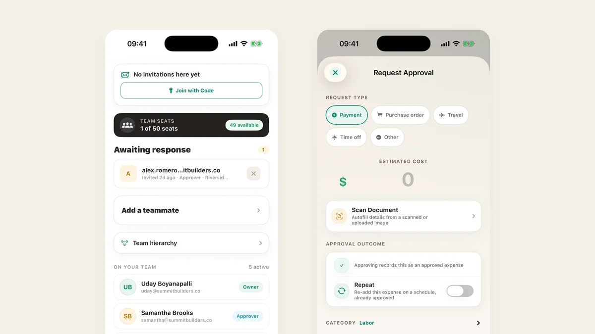 The team screen with Owner, Approver and Member roles