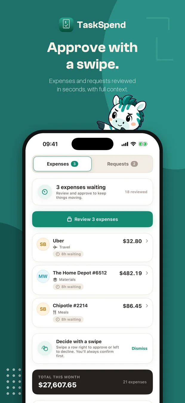 The Approvals tab with three expenses waiting and a swipe hint