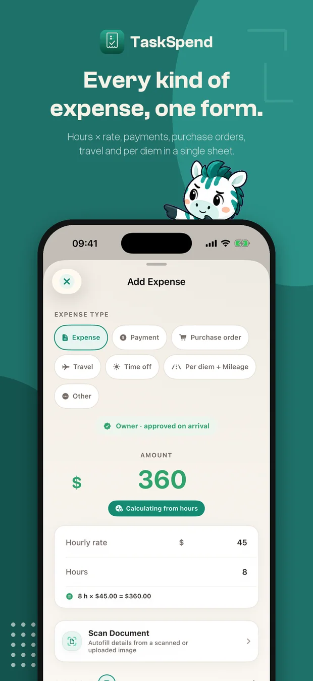 The Add Expense sheet with chips for expense, payment, purchase order, travel, time off and per diem