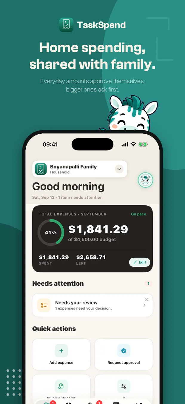 A Family workspace home screen with the September total and needs-attention items
