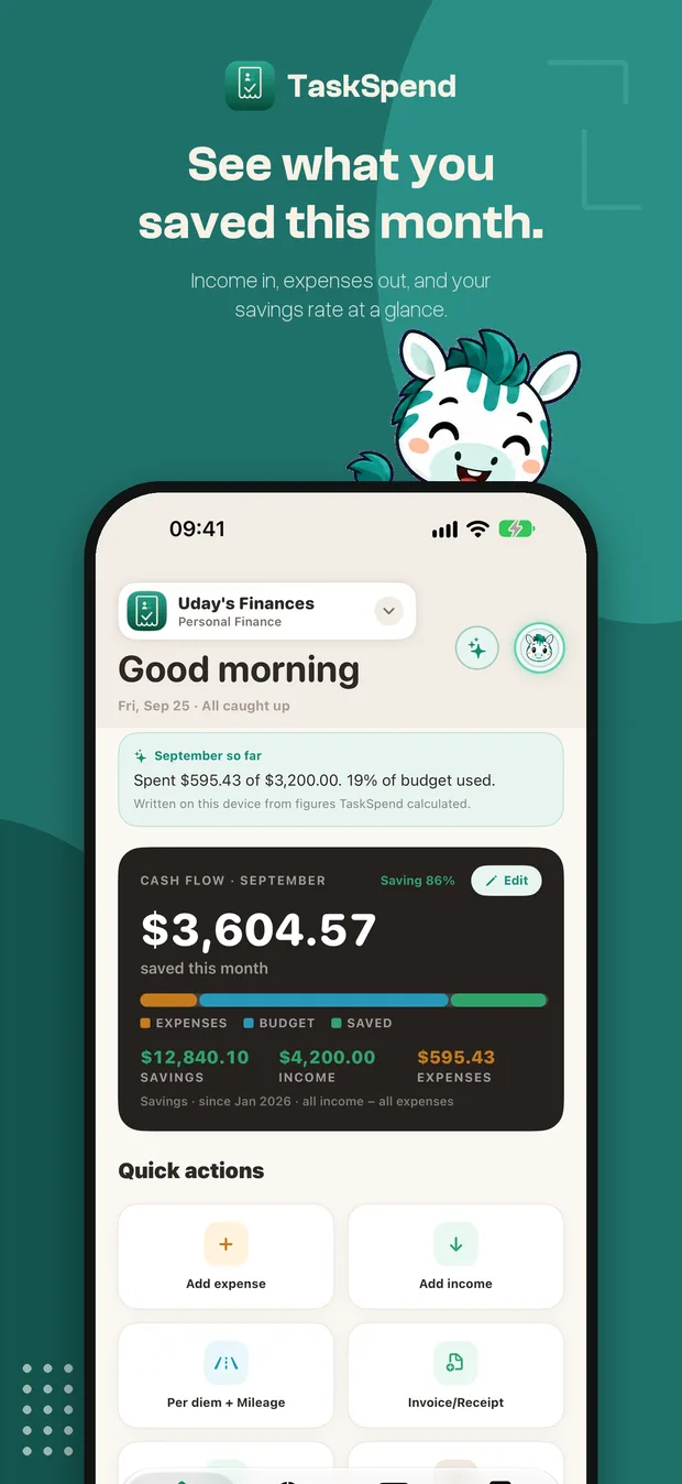 The Personal cash-flow card showing money saved this month
