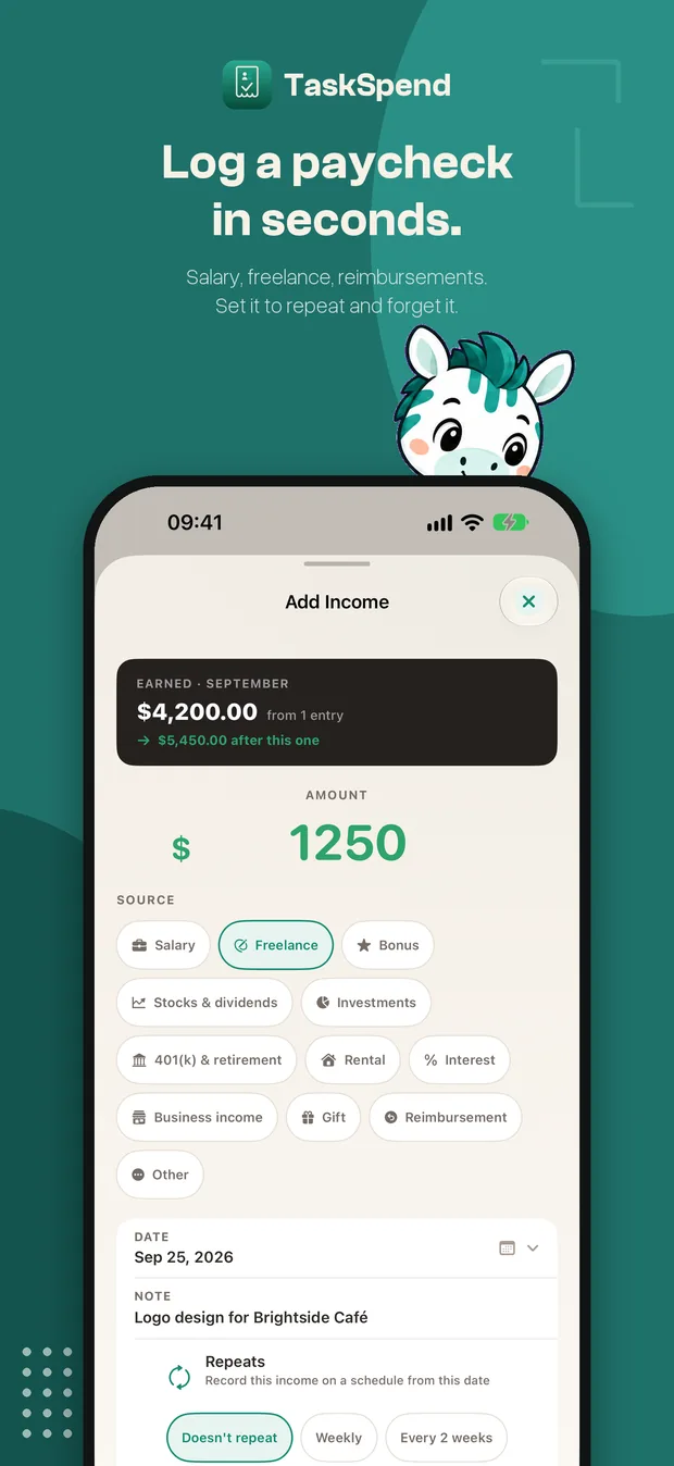 The Add Income sheet with a freelance payment