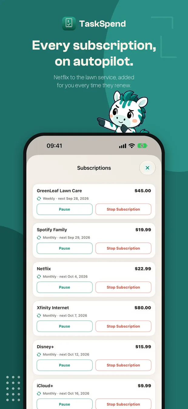 The Subscriptions list with Netflix, Spotify, internet and lawn care