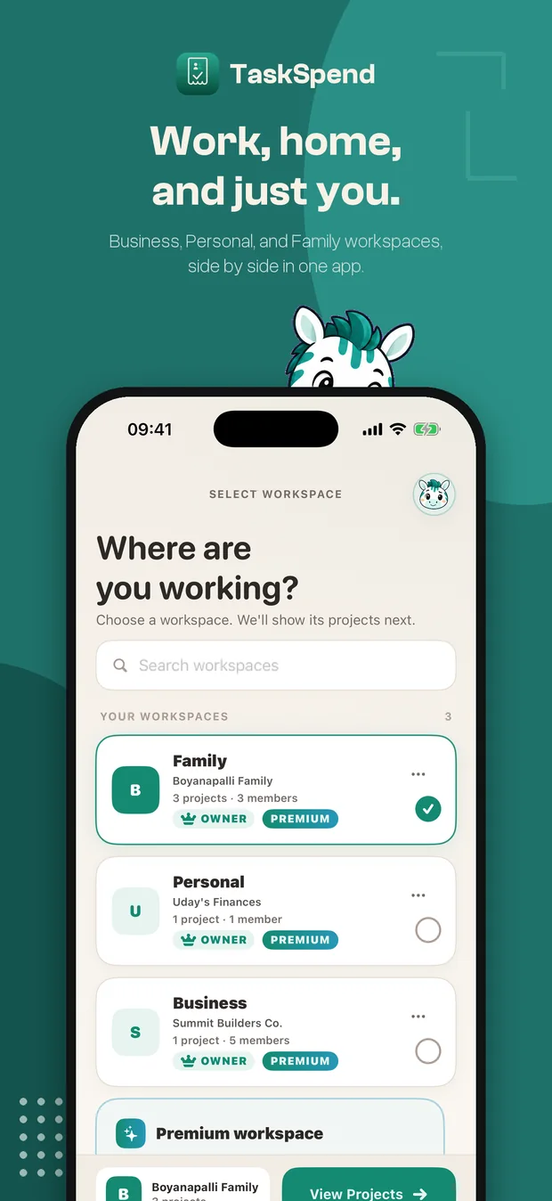 The workspace picker showing Family, Personal and Business