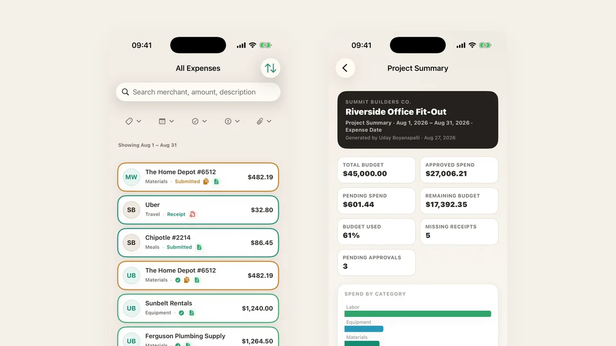 The expense list where every row shows its project category, status and receipt