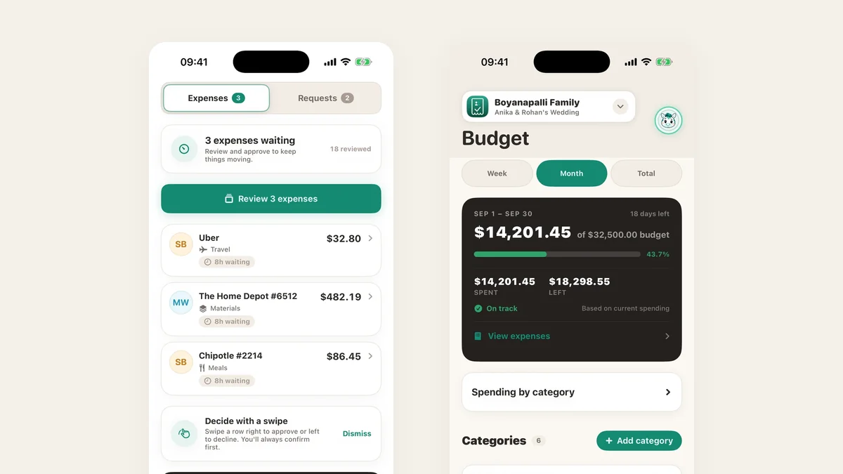 TaskSpend's approvals queue and project budget on two iPhones