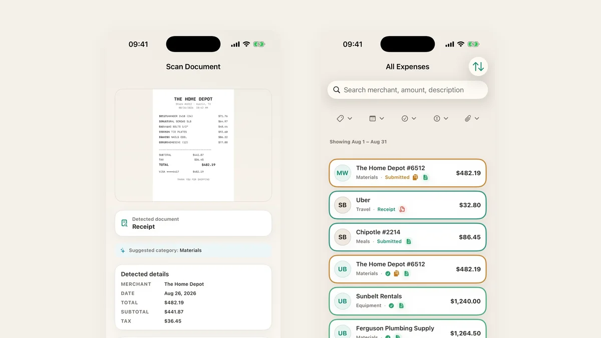 Scanning a receipt in TaskSpend with the detected merchant, date and total