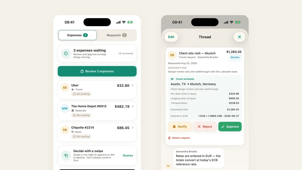 The expenses waiting screen with a swipe-to-review prompt
