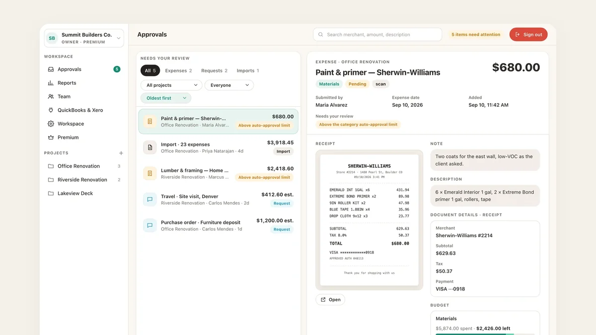 The TaskSpend web app showing the Approvals queue beside a scanned paint receipt