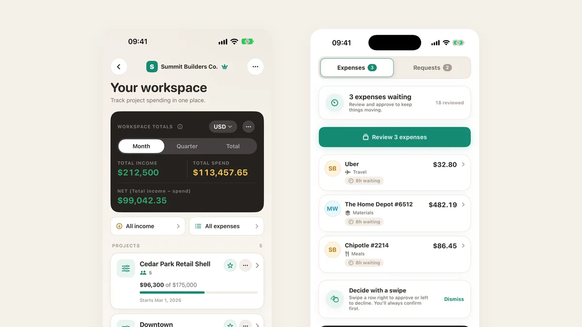 TaskSpend's workspace totals and project budget on an iPhone