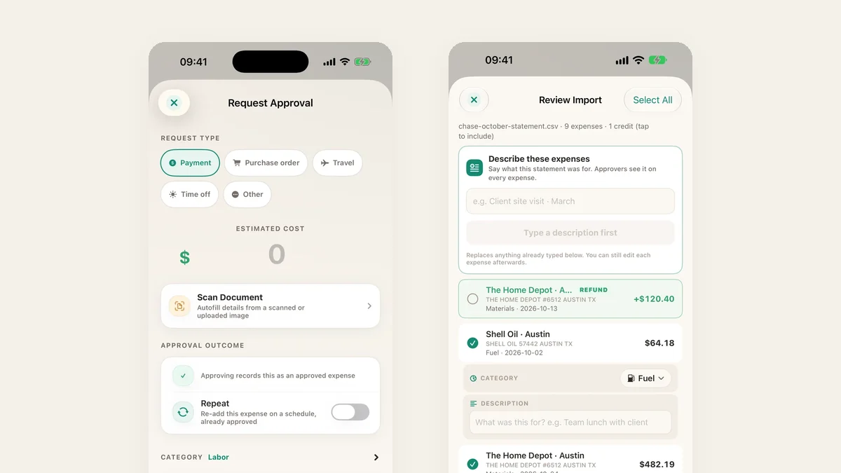 TaskSpend's request approval and project budget screens on an iPhone