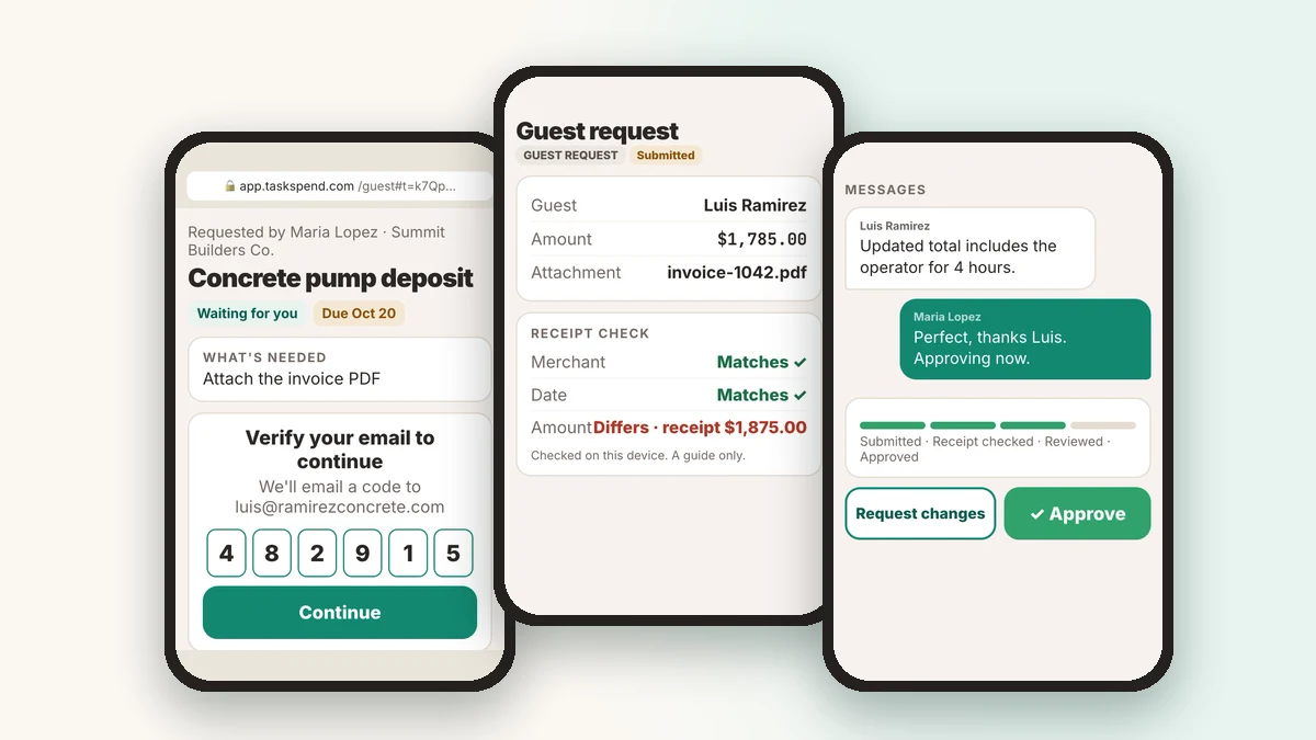 Ссылка на расход, открытая в браузере, проверка чека в TaskSpend и запрос, готовый к одобрению