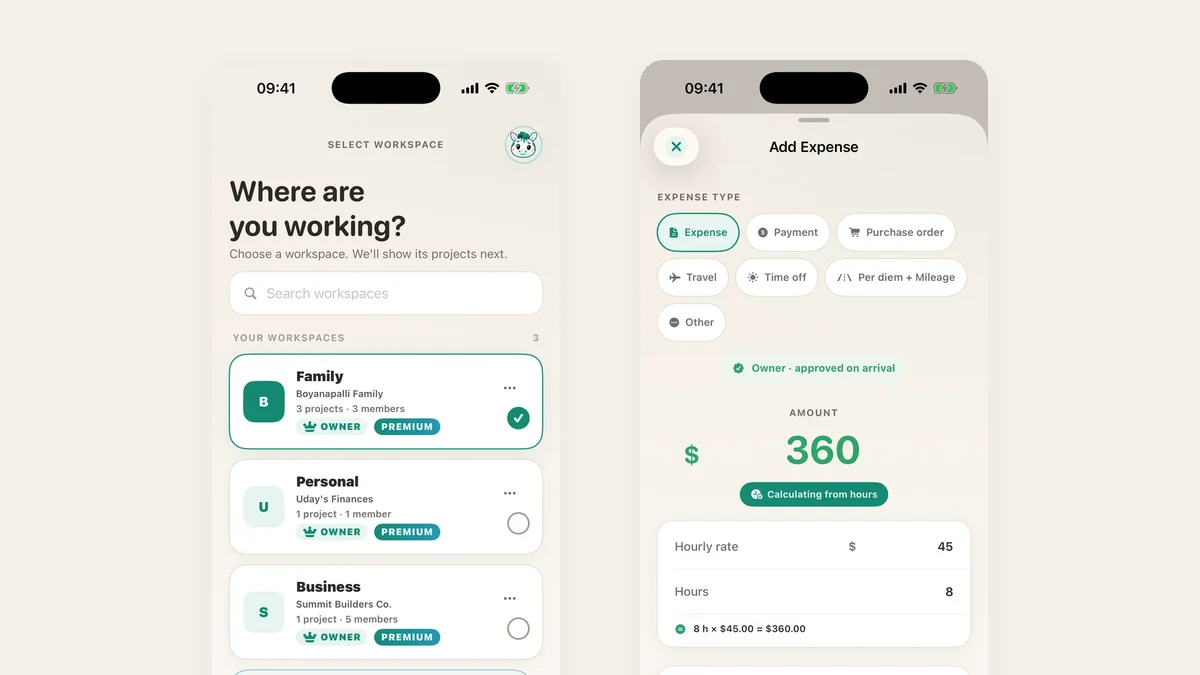 The new workspace picker beside the Add Expense sheet with its seven expense types