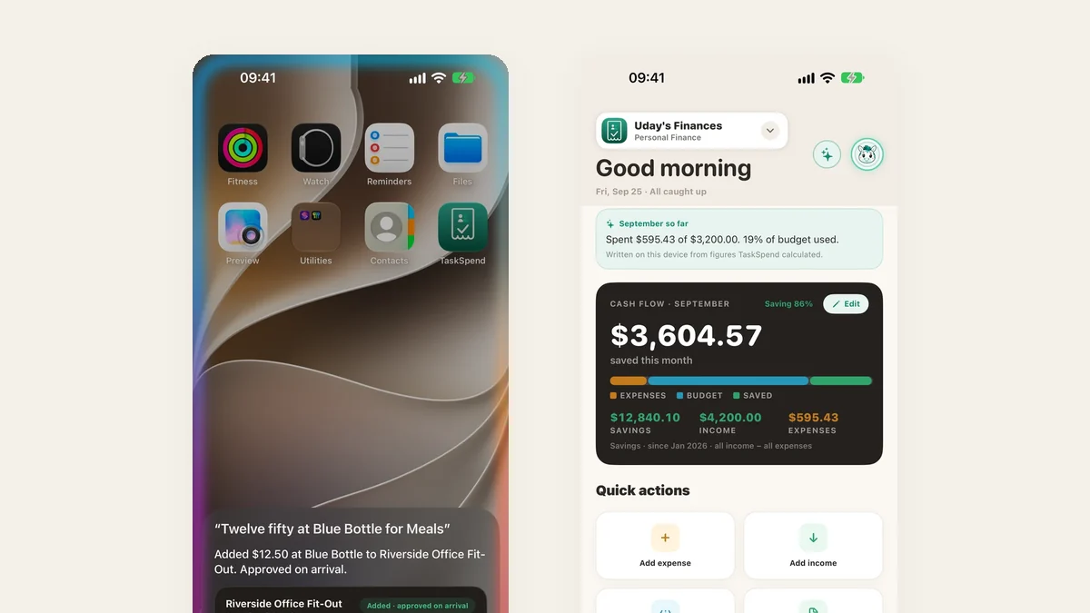 Adding an expense with Siri from the Home Screen beside the Personal cash-flow card