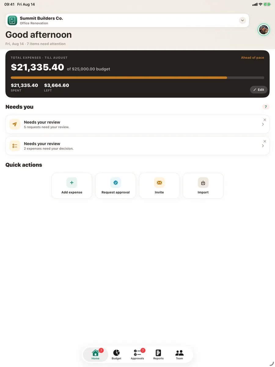 TaskSpend Home screen on iPad