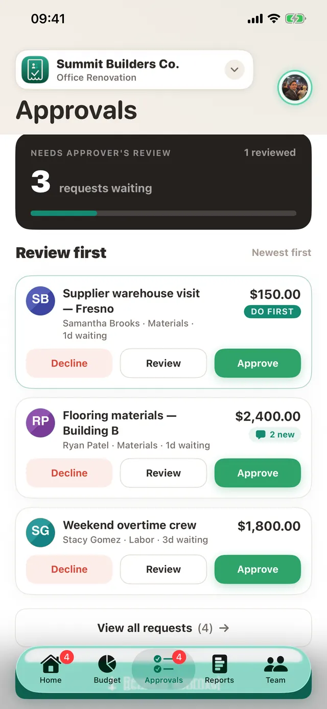 The approvals queue: everything waiting on you, with budget context on each card