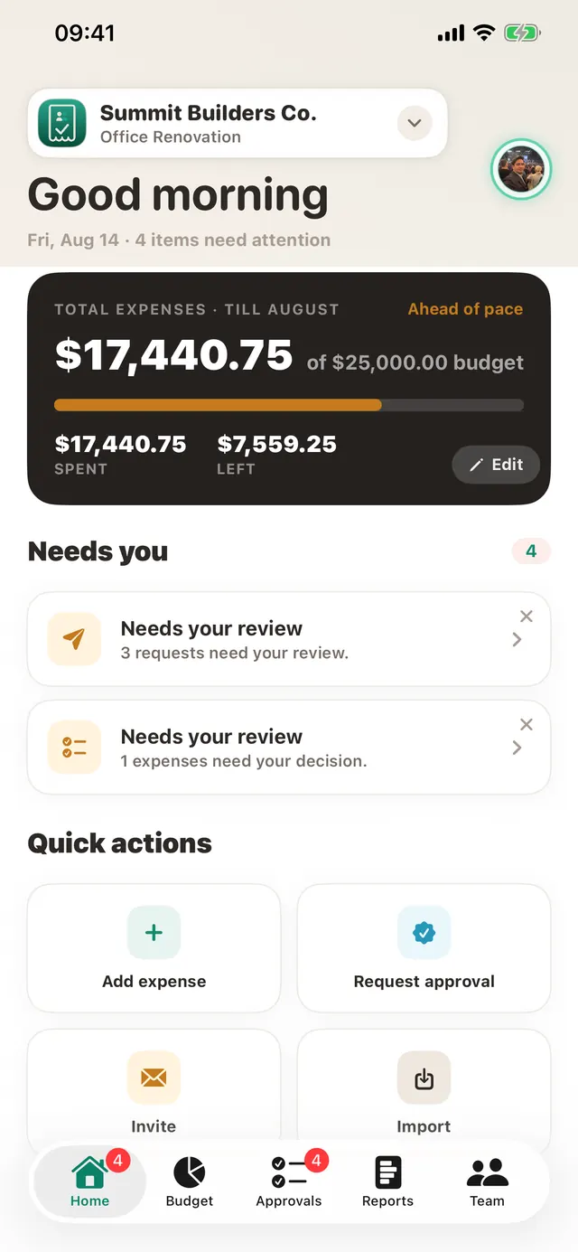 TaskSpend Home screen on iPhone