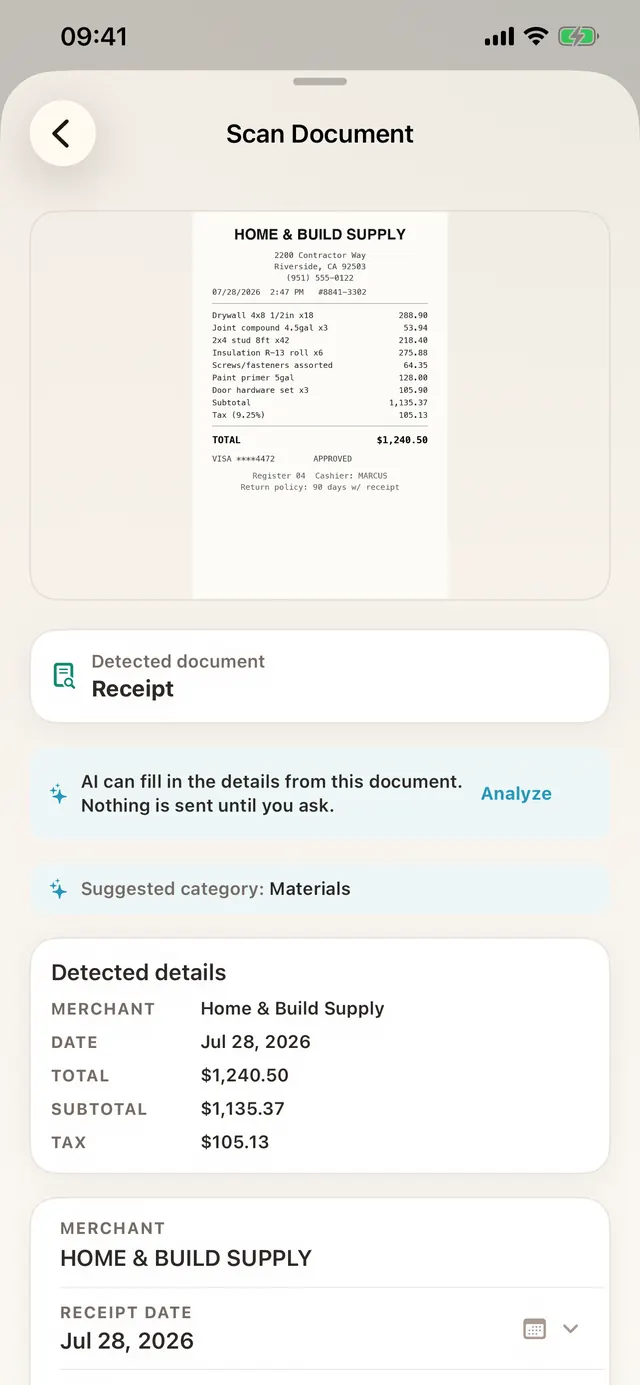 Every receipt in one place, searchable, attached to the right project