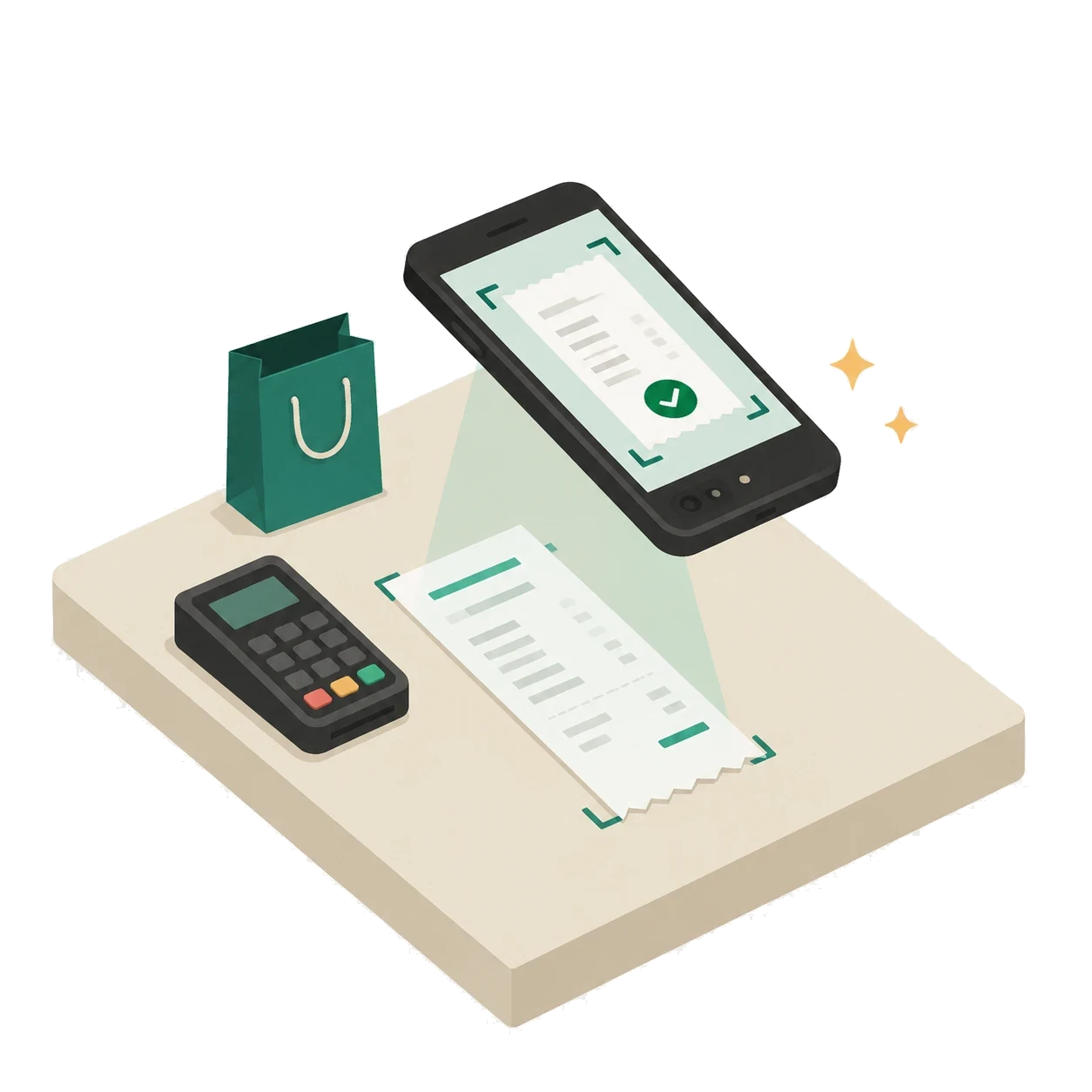 An isometric counter with a card terminal and a shopping bag, and a phone photographing the paper receipt