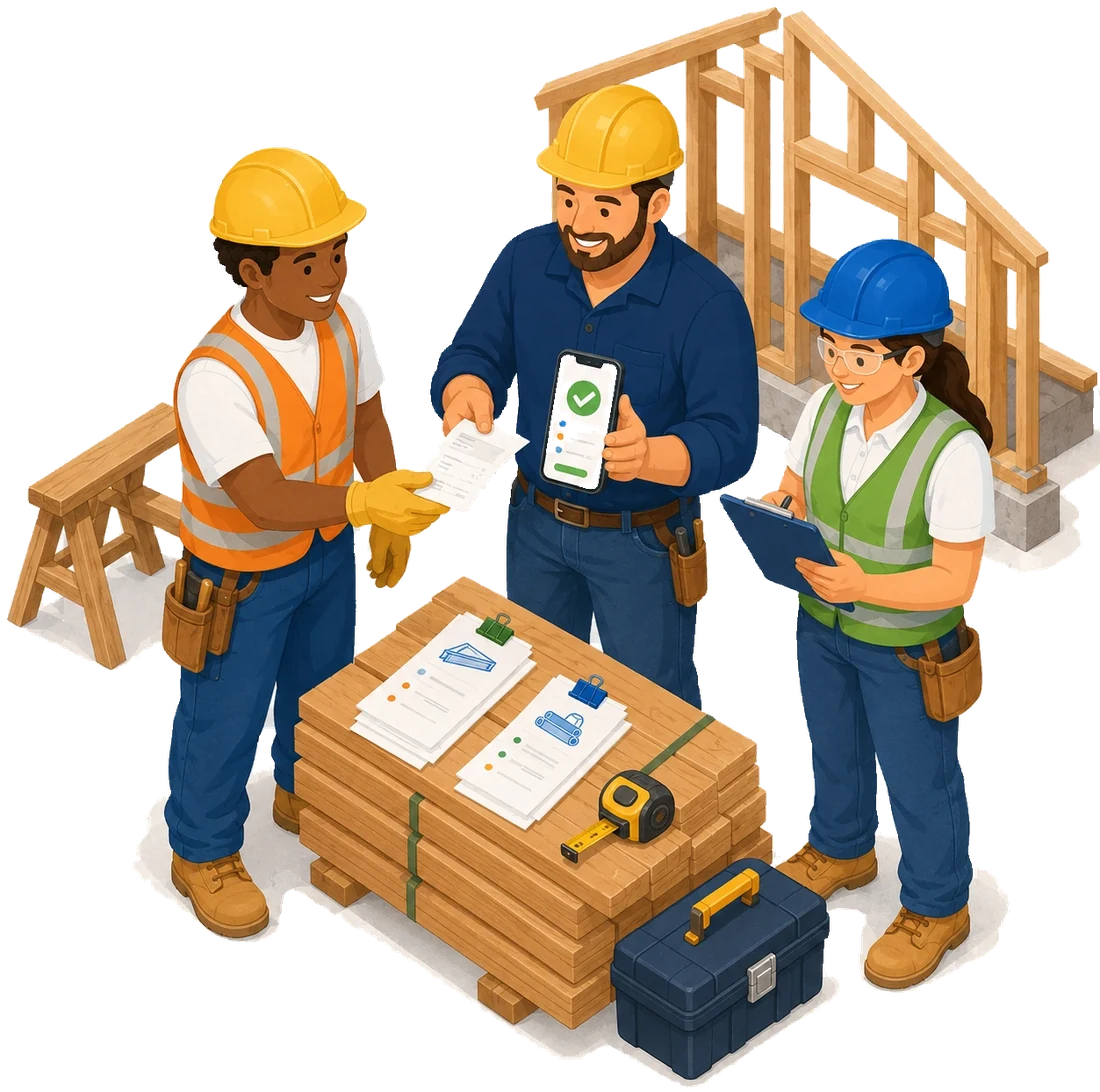 A construction crew reviewing a materials receipt, with an approved expense on the foreman&rsquo;s phone beside bundled lumber