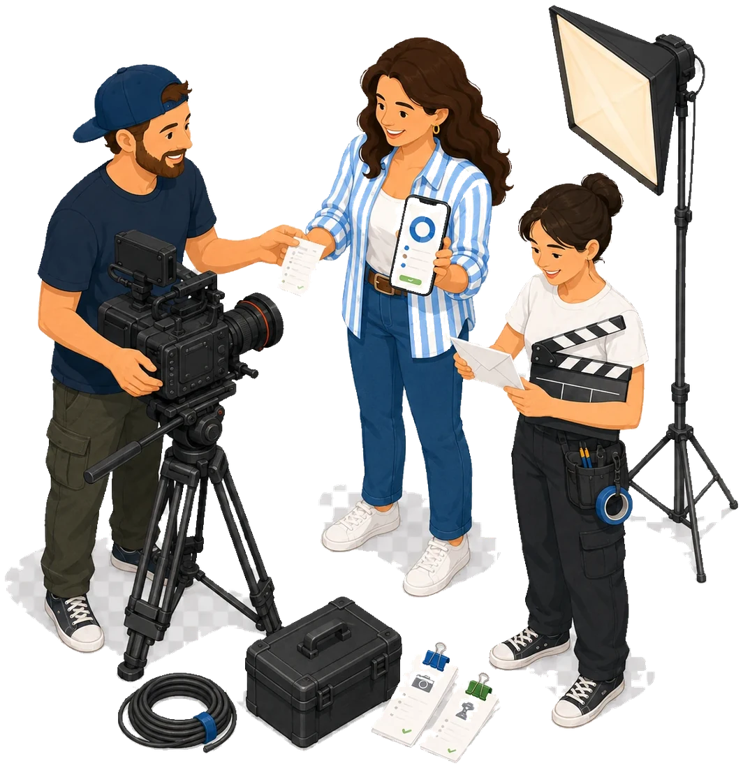 A film crew between takes, a producer handing over a receipt by the camera while a crew member holds the clapperboard