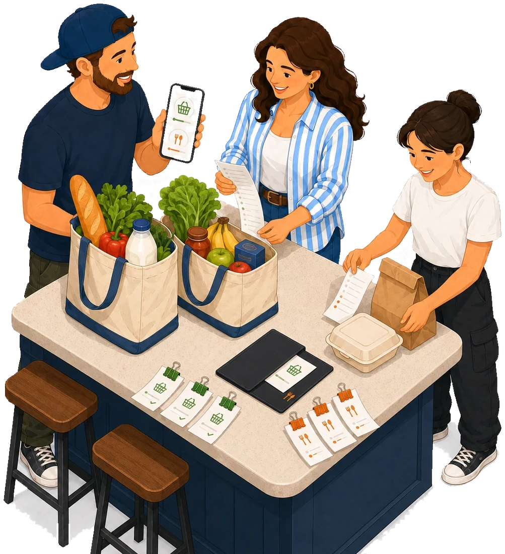 A family unpacking groceries and takeout at the kitchen island while checking a receipt against categorised expenses on a phone