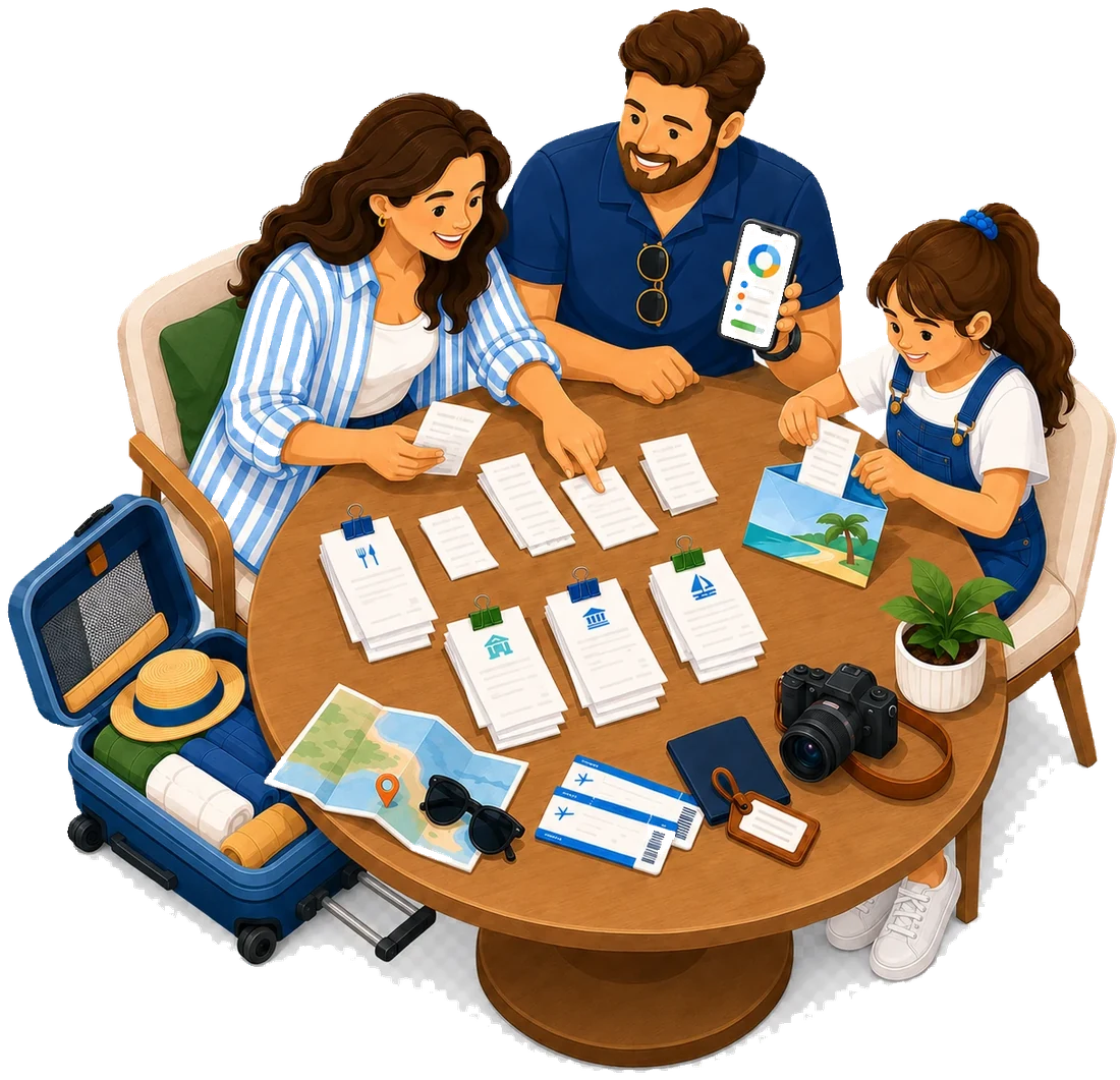 A family around a table planning a trip, sorting receipts and tickets while the father shows the trip budget on his phone