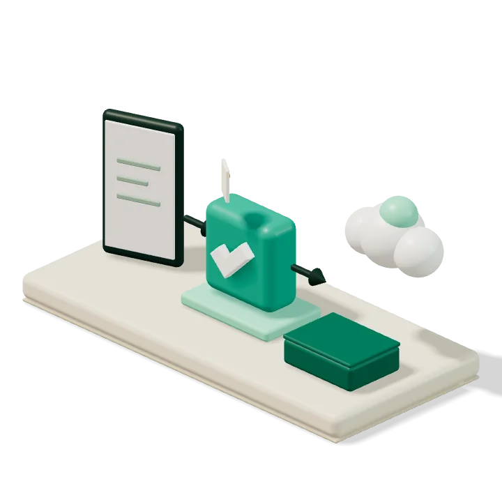 一部 3D 手机、一个绿色批准勾号和一本带云朵的账本,一张收据在它们之间传递